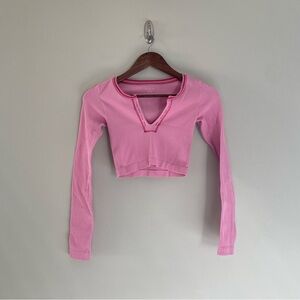 OUT FROM UNDER URBAN OUTFITTERS Long Sleeve Hot Pink Cropped Shirt with V-Neck